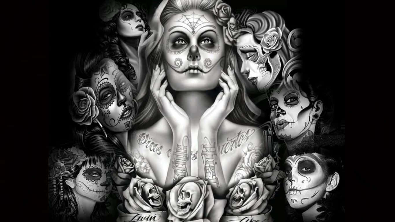 Girly Skull 桌布 壁紙 — 一幅單色數位藝術作品，中央有一位化著糖骷髏妝的女子，周圍環繞著多個幽靈般的面孔和玫瑰。