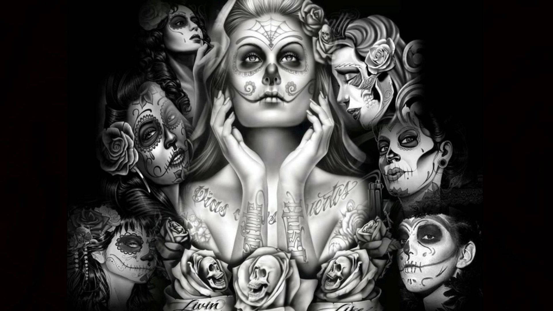 Chicano 桌布 壁紙 — 一幅單色數位藝術作品，中央有一位化著糖骷髏妝的女性，周圍環繞著多個幽靈般的面孔和玫瑰。