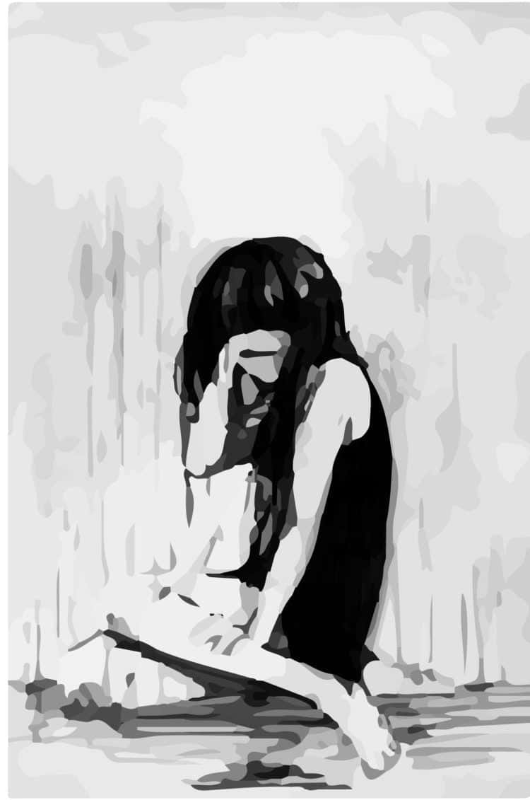 桌布 壁紙 — 一幅單色數位藝術描繪，一位女性獨自坐著，低頭沉思。