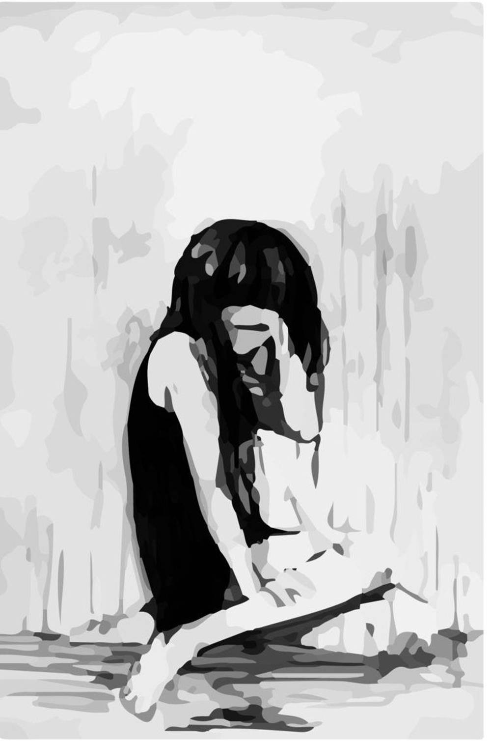 anime crying 桌布 壁紙 — 一幅單色數位藝術描繪，一個孤獨的身影悲傷地蜷縮在紋理牆壁上。