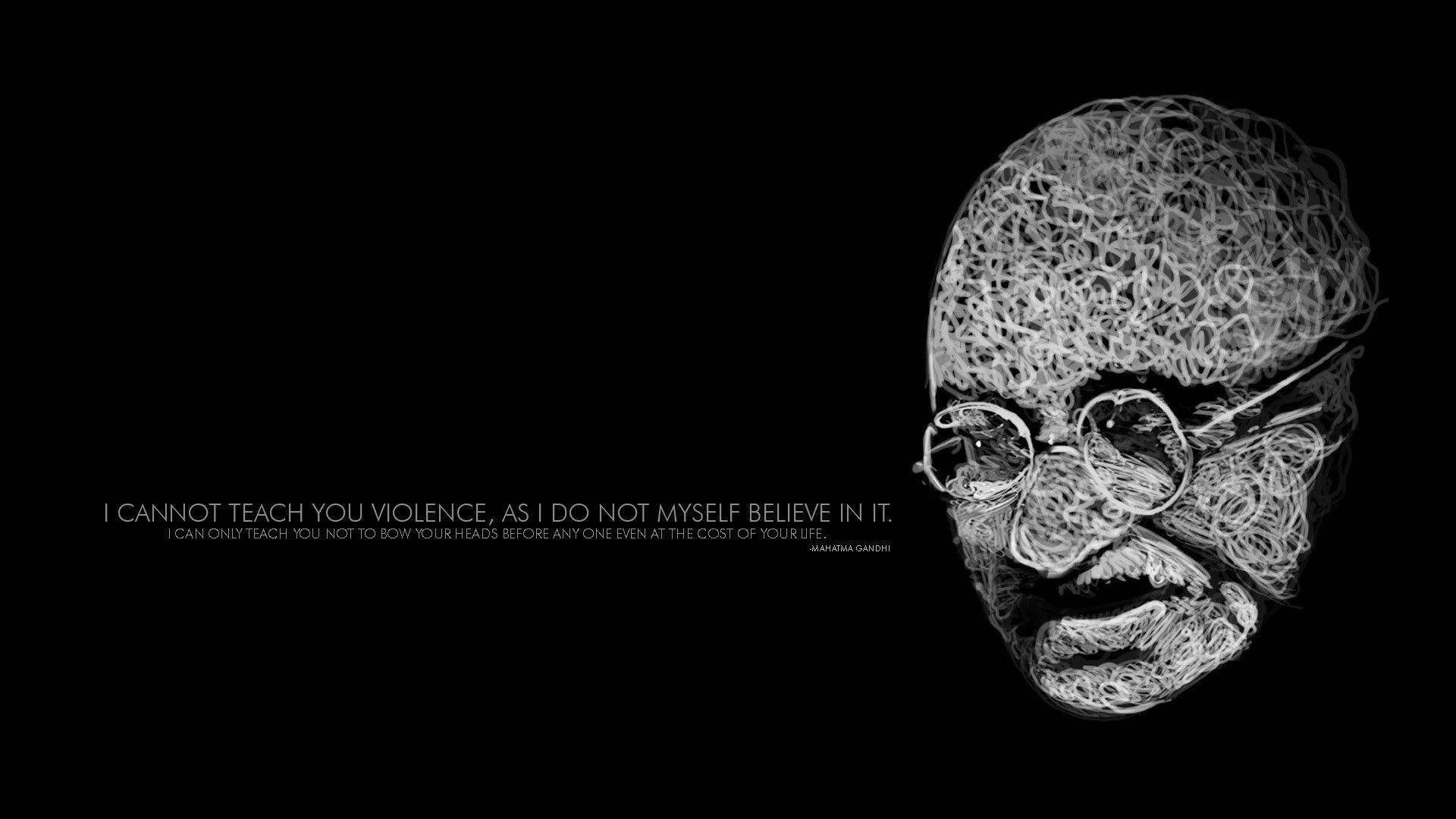 Mahatma Gandhi 桌布 壁紙 — 一幅單色數位藝術肖像畫，描繪聖雄甘地，以複雜的漩渦線條呈現於黑色背景上，並附有他的名言。
