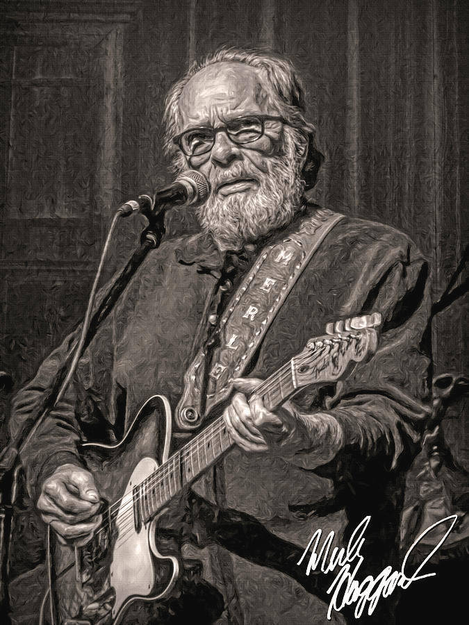 Man 桌布 壁紙 — 一幅單色油畫，描繪 Merle Haggard 在舞台上彈吉他並對著麥克風唱歌。