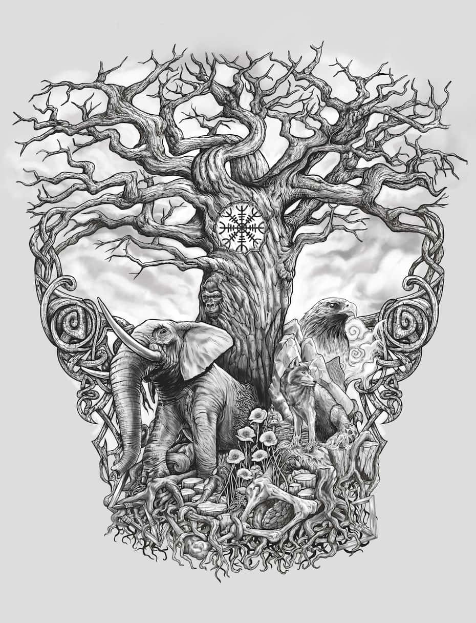 黑色藝術 桌布 壁紙 — 一幅單色精細插圖，描繪一棵多節的樹，樹上有動物和符號形成頭骨形狀。