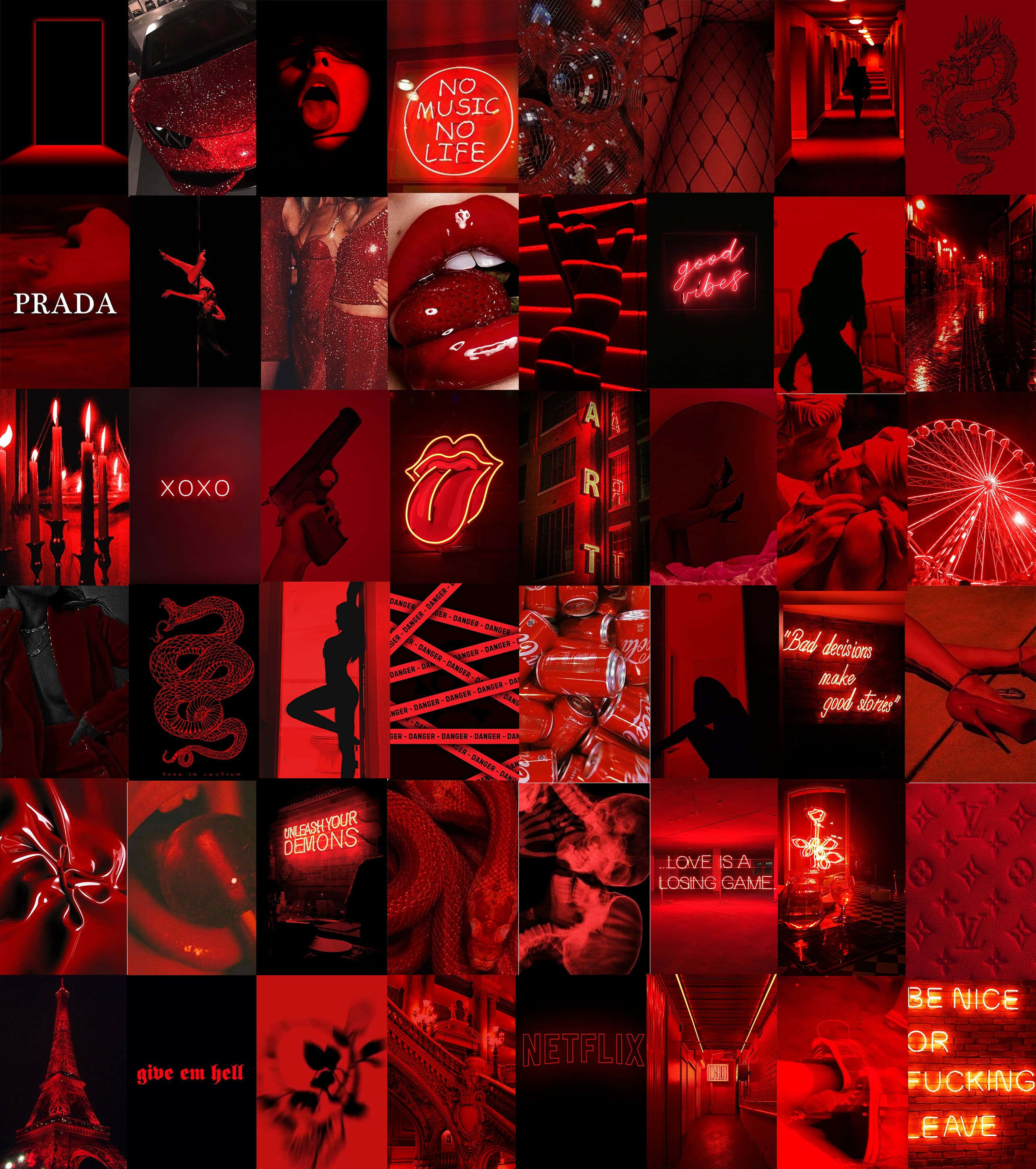 Red Collage 桌布 壁紙 — 一幅單色紅色拼貼畫，包含流行文化圖標和邊緣影像，包括霓虹燈、嘴唇、槍支和時尚標誌。