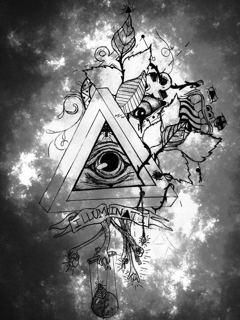 illuminati 桌布 壁紙 — 一幅單色紋身風格插圖，描繪一個三角形內的全視之眼，周圍環繞著超現實符號和樹葉，背景是陰天天空。