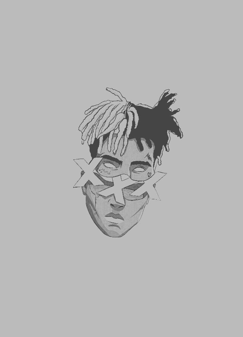 XXXTENTACION 桌布 壁紙 — 一幅單色線條畫肖像，人物有辮子，眼睛上有X，背景為純灰色。