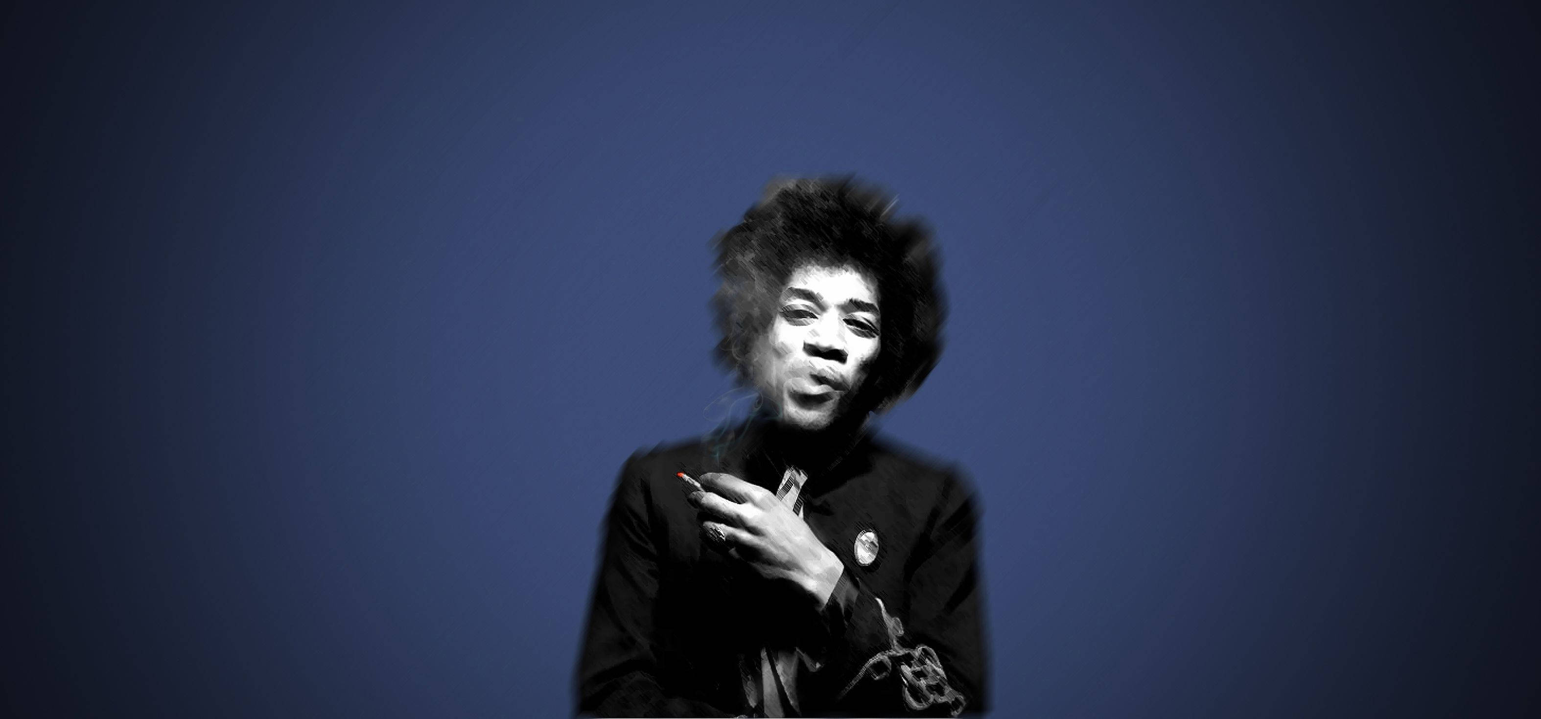 Celebrity 桌布 壁紙 — 一幅單色肖像，Jimi Hendrix 抽著煙，背景是深藍色漸變。