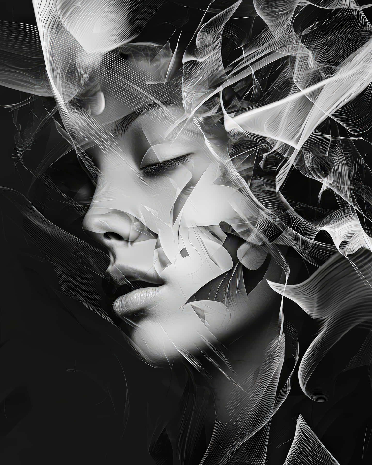 Surreal Black-and-White Portrait with Abstract Flowing Lines 壁紙 — 一幅單色肖像，描繪一位寧靜女性的臉龐，部分被流動的抽象煙霧狀線條遮蓋。