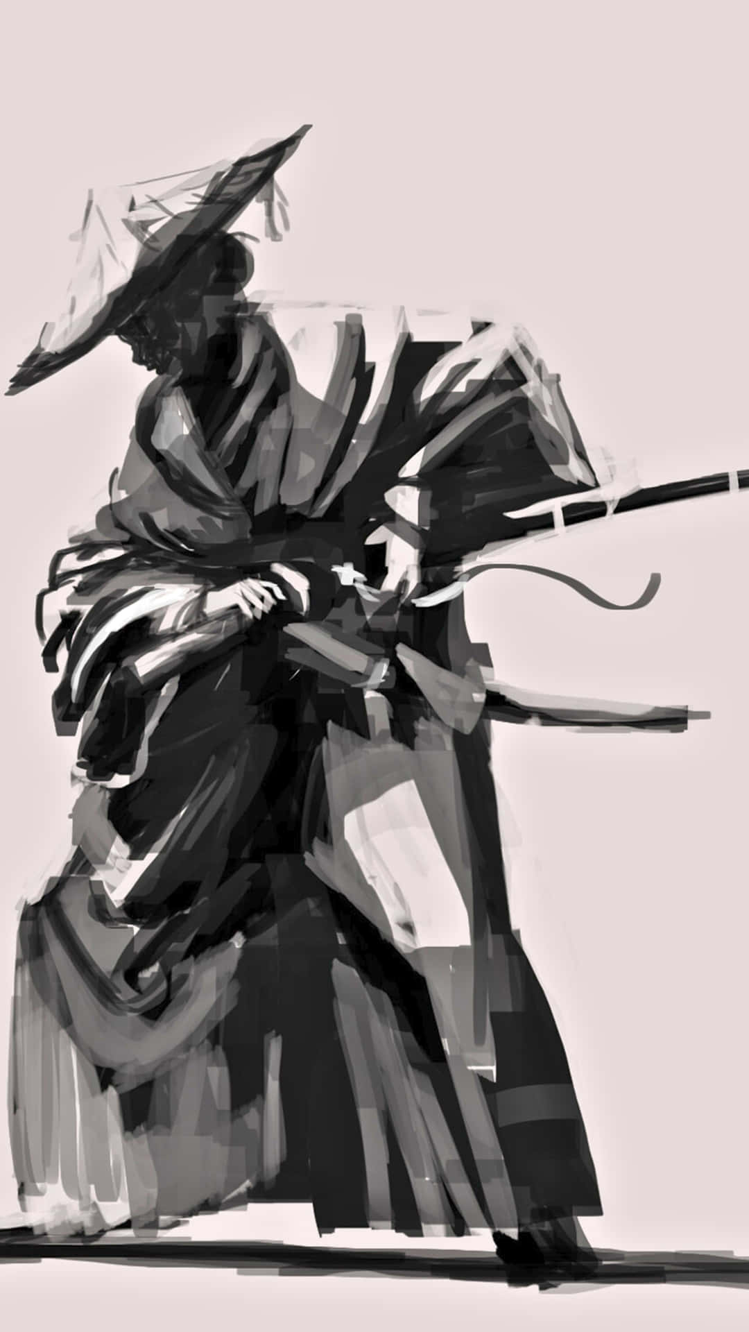 Samurai ready 壁紙 — 一幅單色草圖，描繪一位身穿傳統長袍、戴寬邊帽的武士，手持武士刀，擺出準備姿勢。