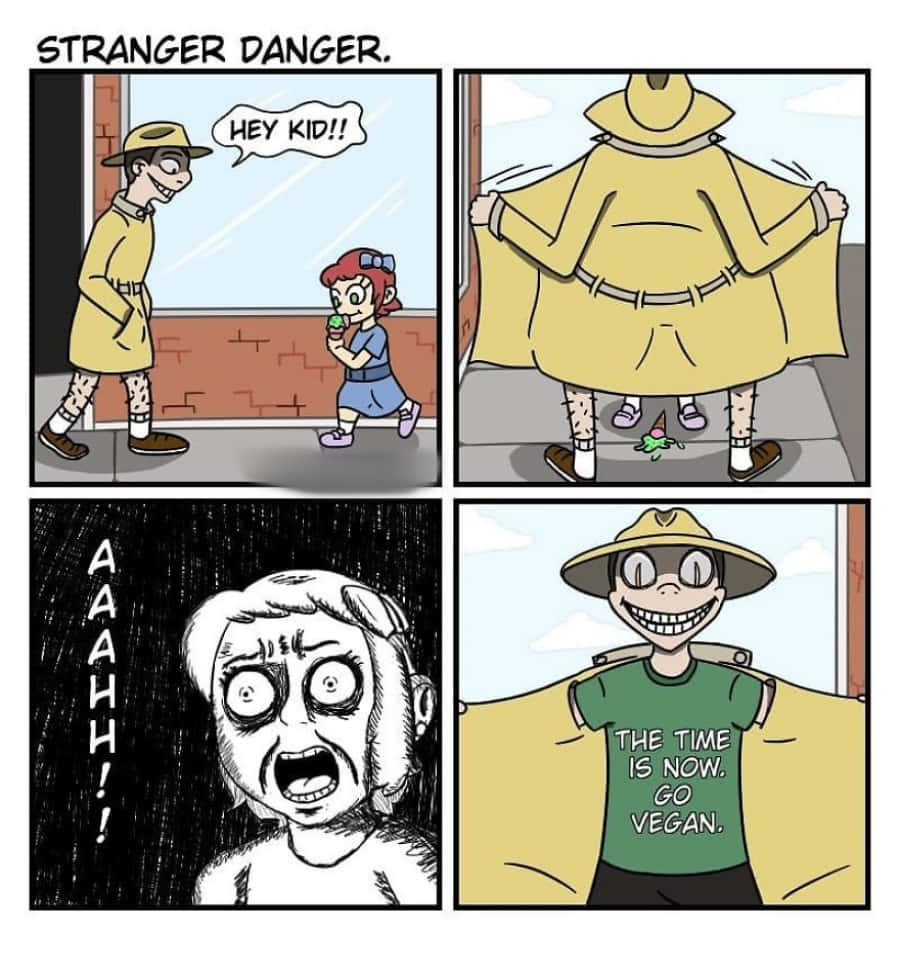 Dark Humor 桌布 壁紙 — 一幅四格漫畫，顯示一個孩子遇到一個陌生人，原來是一個穿著黃色外套的純素主義者。