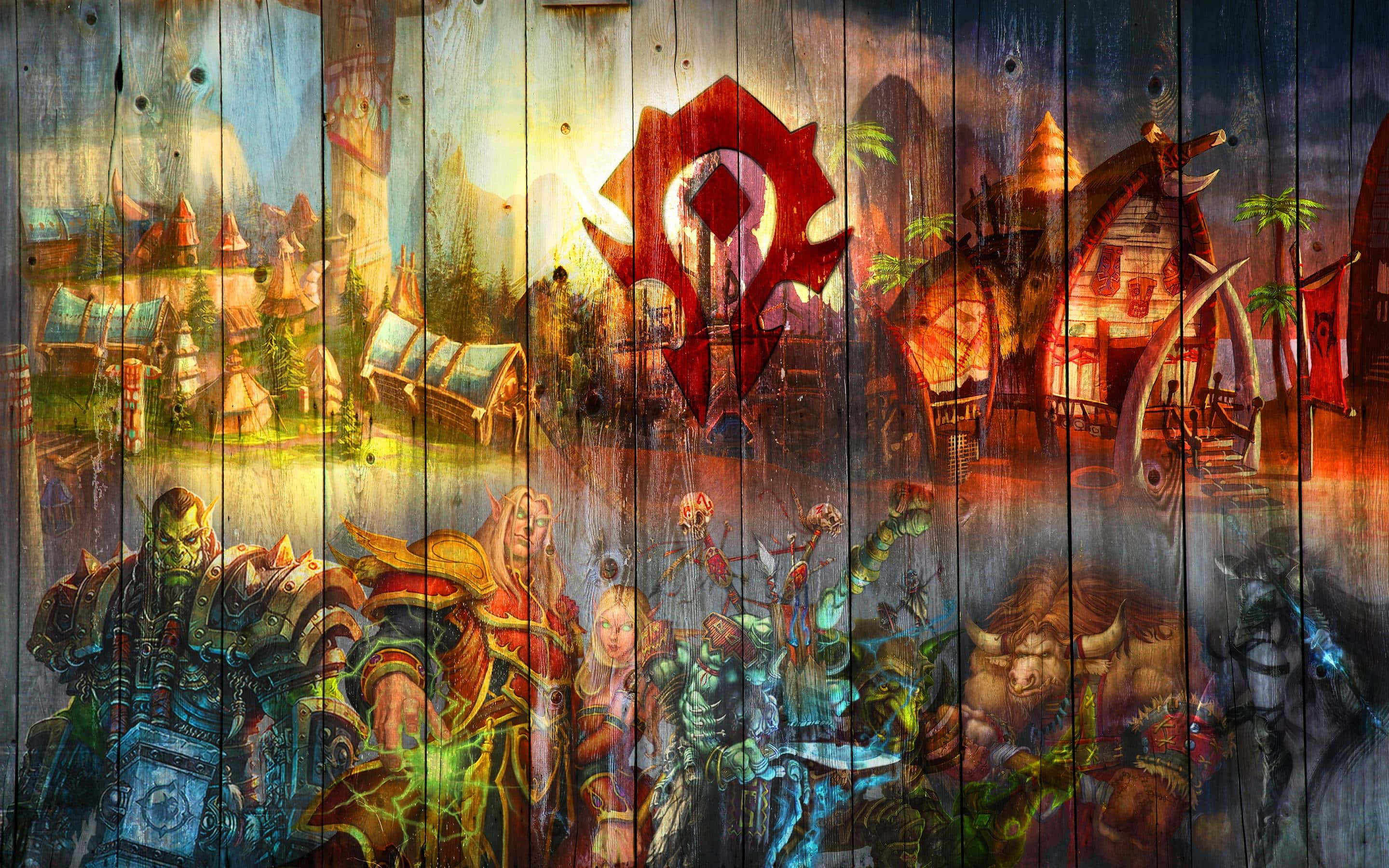 World Of Warcraft Races 桌布 壁紙 — 一幅在風化木板上繪製的充滿活力的奇幻壁畫，描繪了多樣的角色和一個發光的紅色部落標誌，背景是質樸的村莊和山脈。