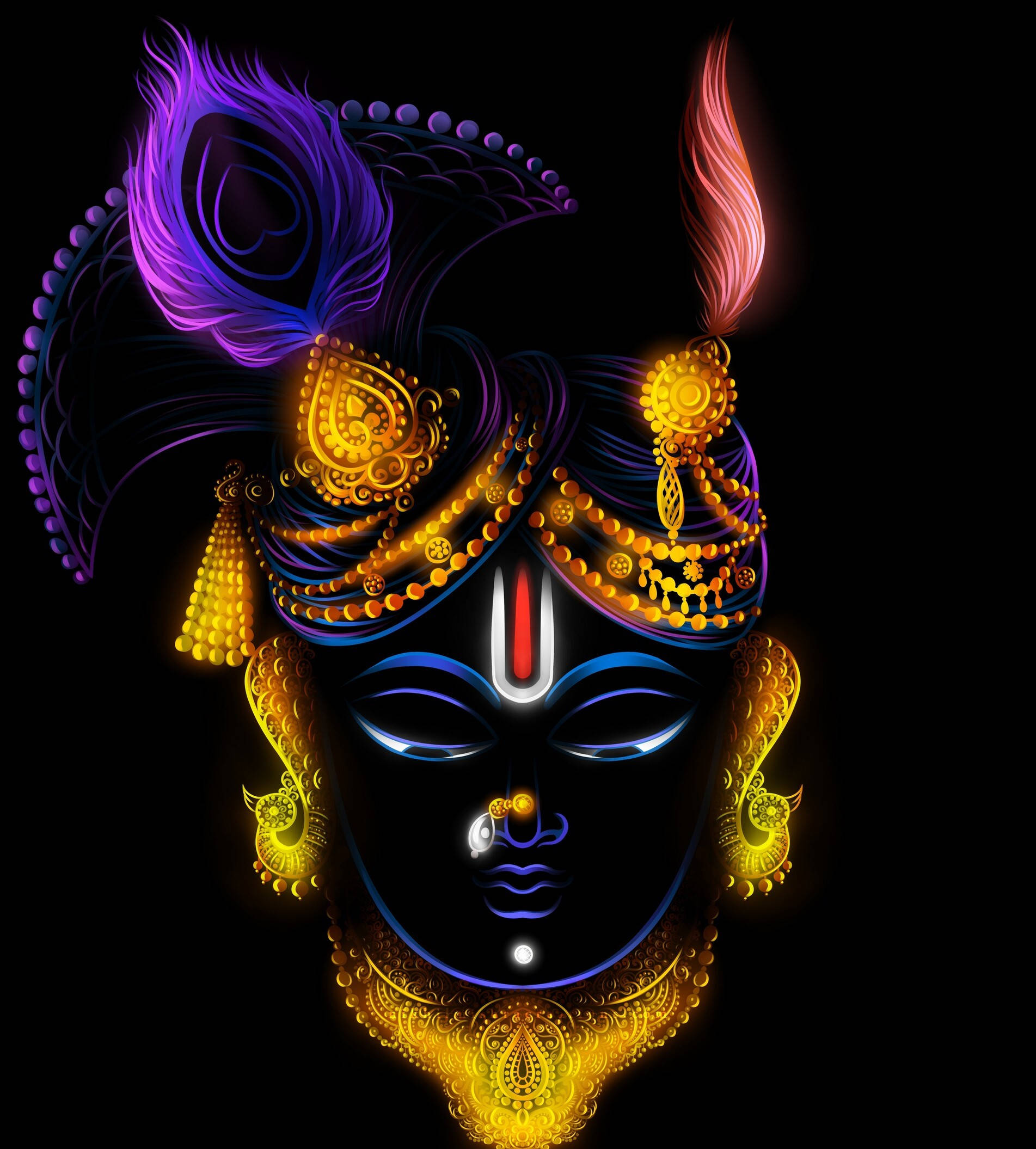 Shrinathji 桌布 壁紙 — 一幅在黑色虛空中，以發光黃金首飾和鮮豔紫粉羽毛裝飾的神聖人物的光芒四射數位肖像。