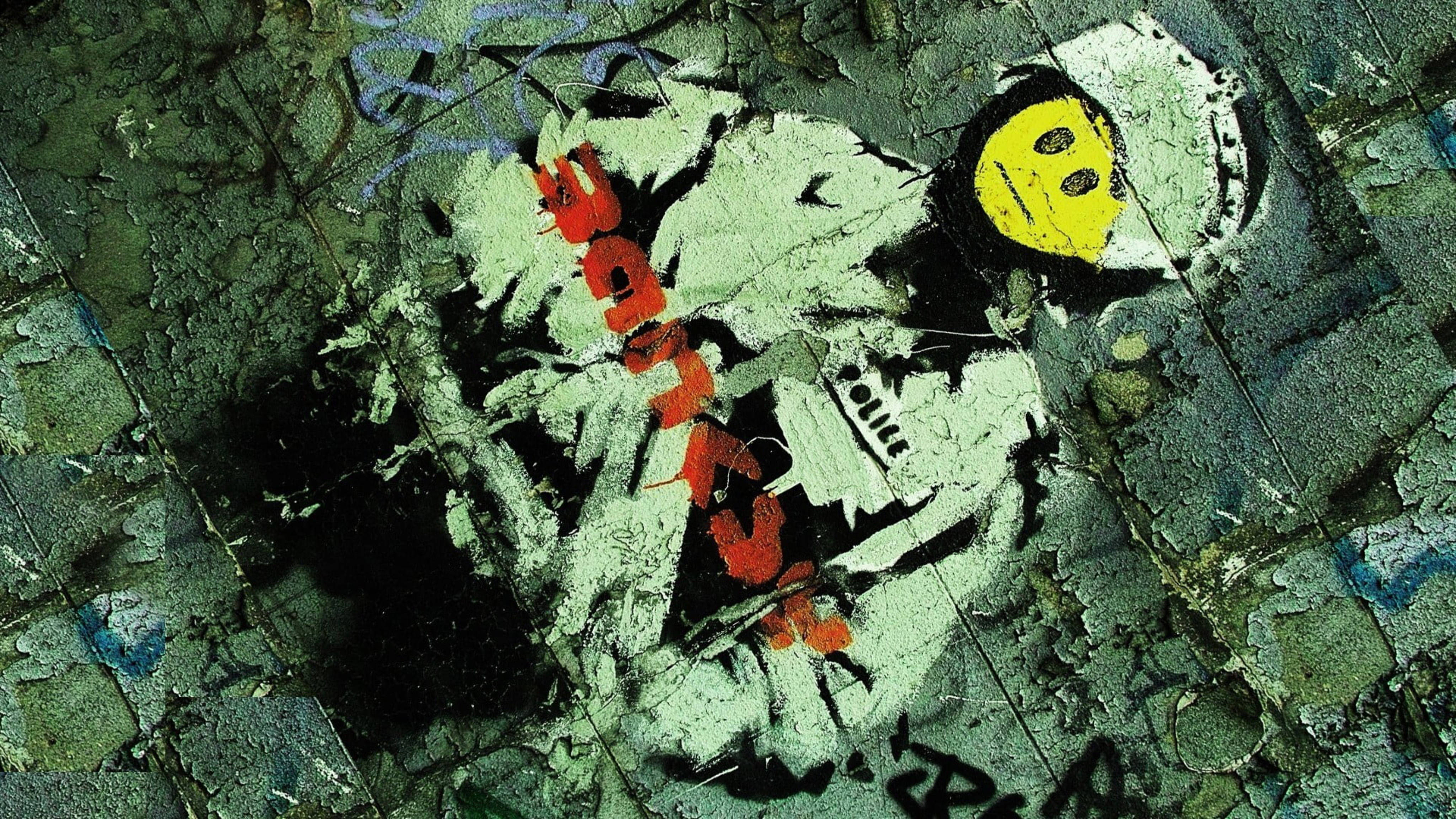 Banksy 桌布 壁紙 — 一幅塗鴉壁畫，描繪一個微笑的太空人，雙手紅色，畫在風化裂開的牆上。