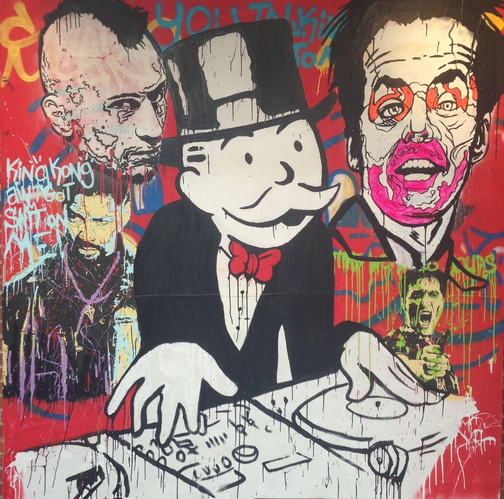 Monopoly 桌布 壁紙 — 一幅塗鴉壁畫描繪了一個微笑的大富翁先生，被扭曲尖叫的面孔包圍，背景為紅色。