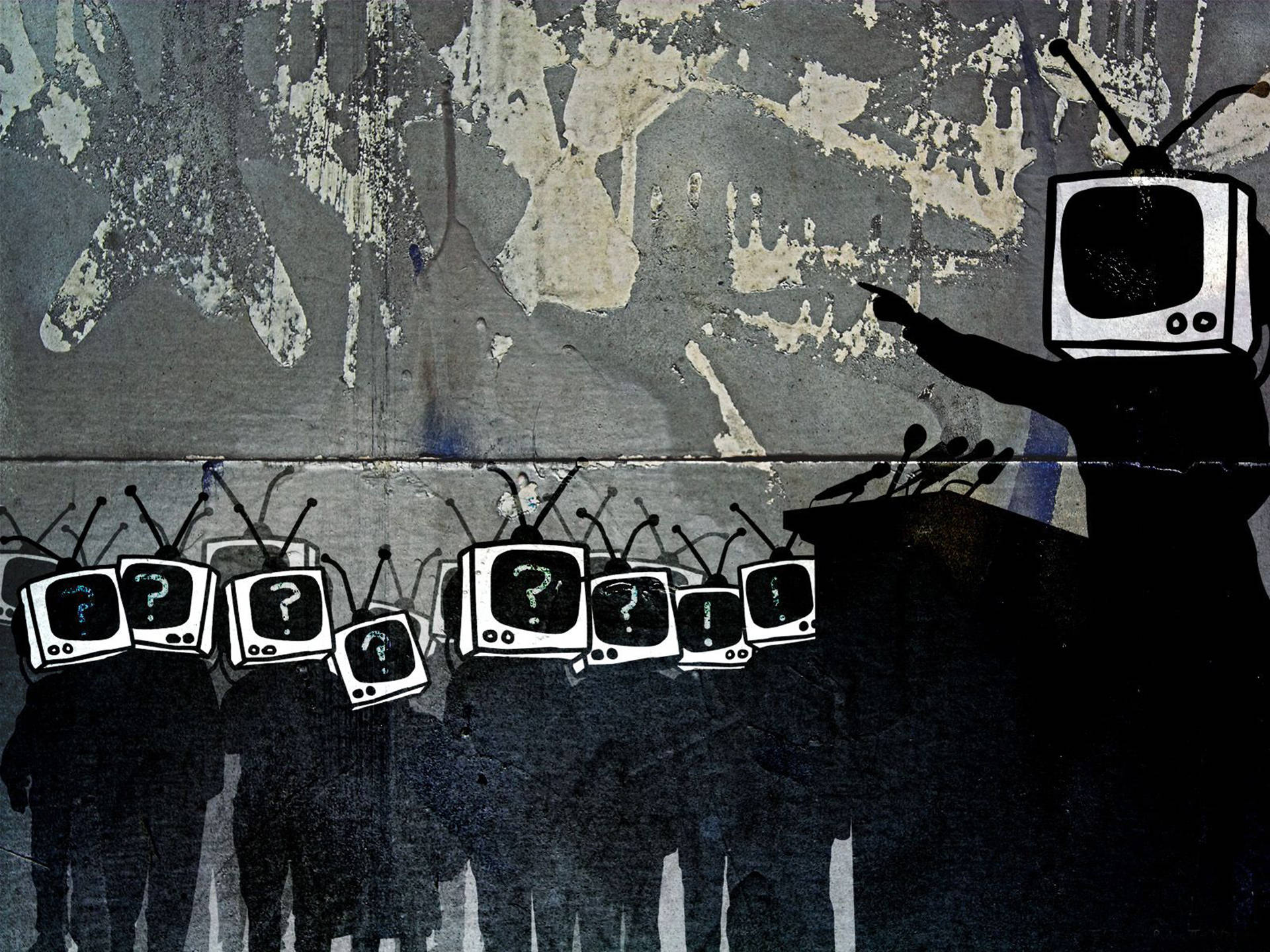 tv 桌布 壁紙 — 一幅塗鴉壁畫顯示一個帶有電視頭的剪影，指向一排顯示問號的電視頭人物，背景是風化的牆壁。