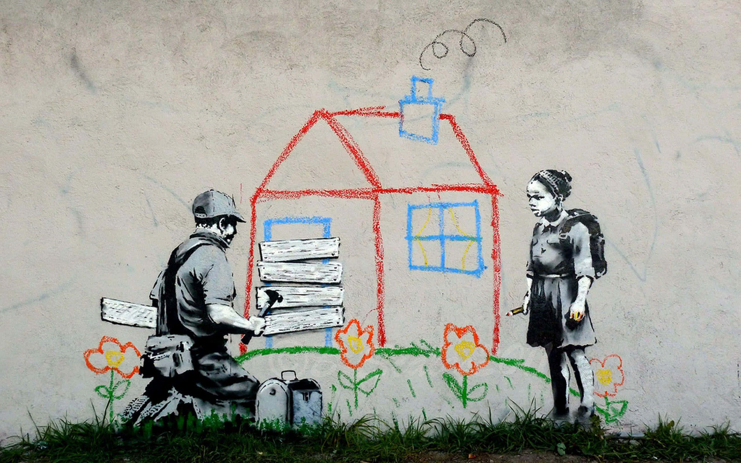 Banksy 桌布 壁紙 — 一幅塗鴉壁畫顯示一名士兵建造一間孩子氣的房子，而一個女孩拿著香煙觀看。