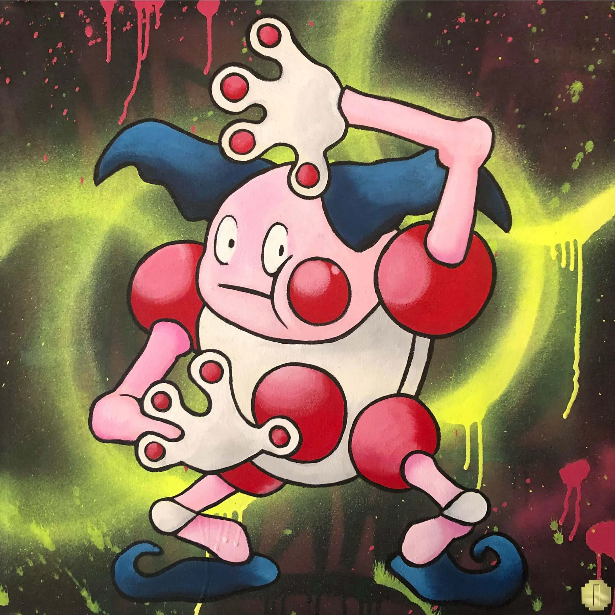Mr. Mime 桌布 壁紙 — 一幅塗鴉風格插圖，描繪一隻粉紅色小丑寶可夢，帶有紅色斑點和藍色頭髮，背景是滴落的螢光綠色和粉紅色。