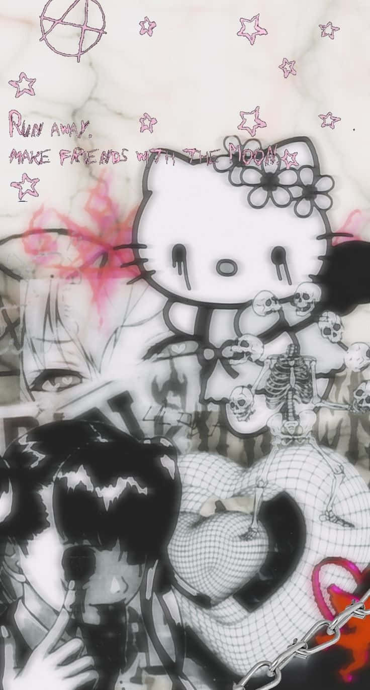Emo Hello Kitty 桌布 壁紙 — 一幅塗鴉風格的壁畫，在大理石紋背景上展示了一個滴落的Hello Kitty，周圍環繞著骷髏頭和動漫角色。