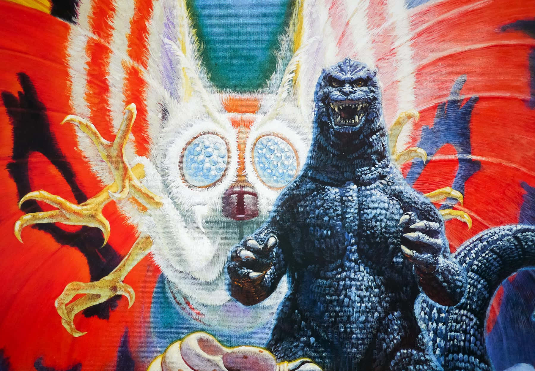 Godzilla Vs Mothra 桌布 壁紙 — 一幅壁畫描繪哥吉拉在火紅和橙色背景旁，與一隻有泡泡眼和黃色爪子的白色生物一起咆哮。