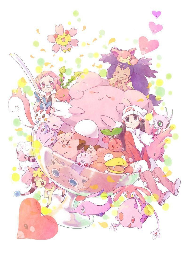 藝術 桌布 壁紙 — 一幅夢幻動漫插圖，描繪一個巨大的粉紅色甜品碗，裝滿可愛的寶可夢和訓練家，周圍環繞著漂浮的愛心和柔和色彩的紙屑。