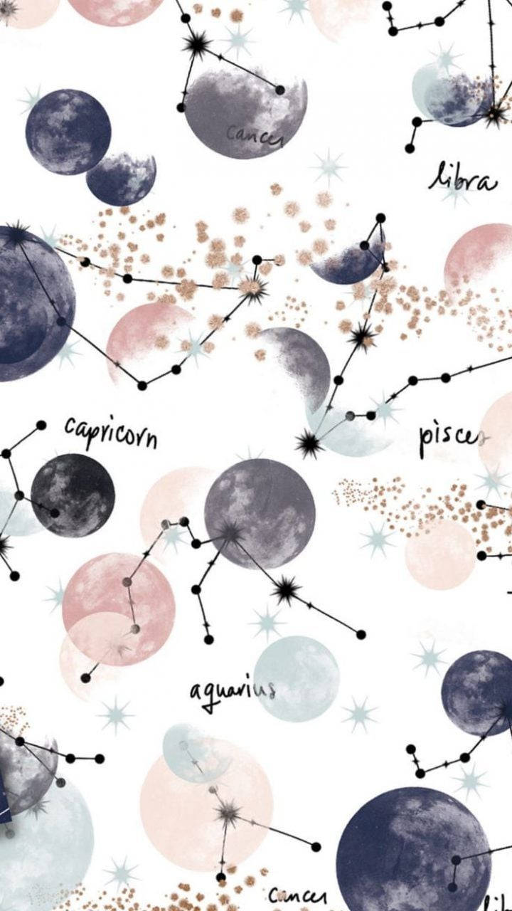 Cancer Aesthetic 桌布 壁紙 — 一幅夢幻天體壁紙，以柔和粉彩繪製帶有星座標籤的月亮和星座。