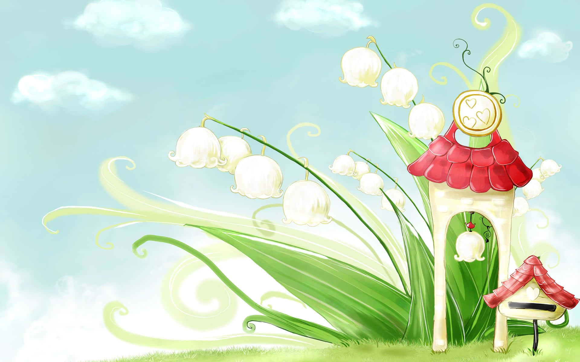 Cute Green 桌布 壁紙 — 一幅夢幻插圖，描繪一間隱藏在鈴蘭花叢中的精靈小屋，背景是柔和藍天。