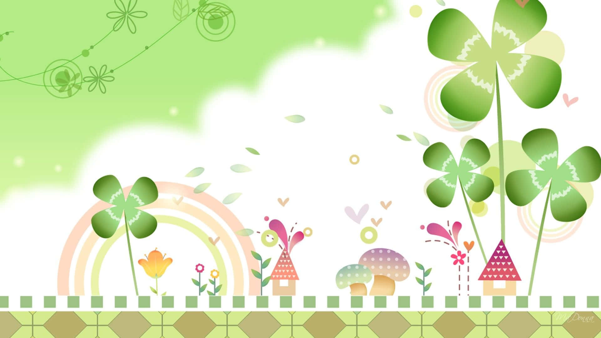 St Patrick's Day 桌布 壁紙 — 一幅夢幻插圖，描繪了三葉草植物、蘑菇和小房子，位於柔和的粉彩彩虹和雲朵之下。