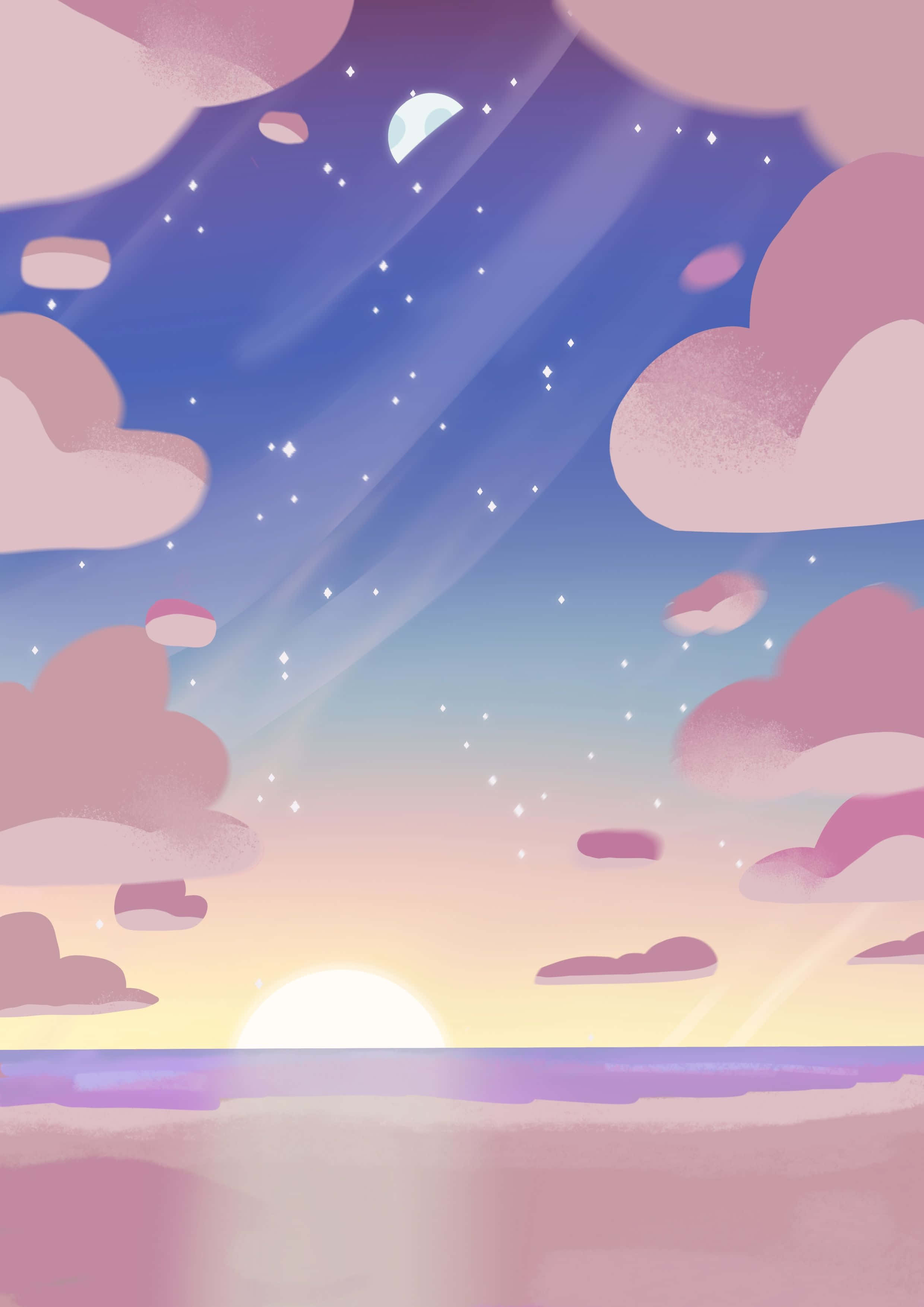 桌布 壁紙 — 一幅夢幻柔和色調的數位插畫，描繪水上粉紅雲彩、星星和新月的日落景象。