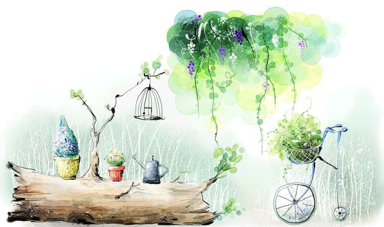 Art Drawing 桌布 壁紙 — 一幅夢幻水彩場景，一輛復古腳踏車上長滿綠色藤蔓和紫色花朵，旁邊的圓木上放著盆栽植物和一個鳥籠。
