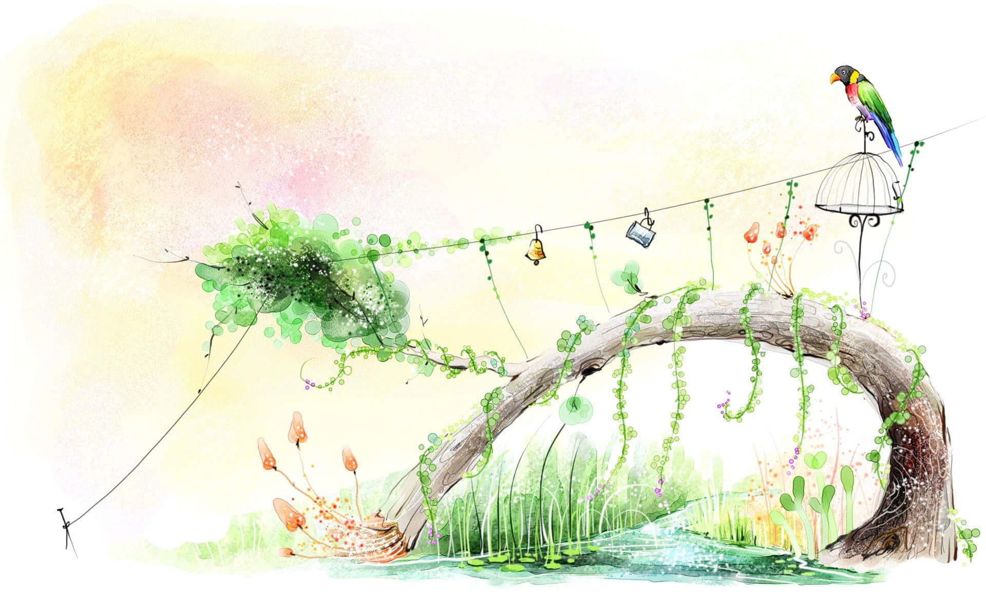 Drawing Desktop 桌布 壁紙 — 一幅夢幻水彩場景，彎曲的樹枝上纏繞著藤蔓，掛著一個鳥籠和一隻色彩繽紛的鸚鵡，背景是柔和的粉彩天空。