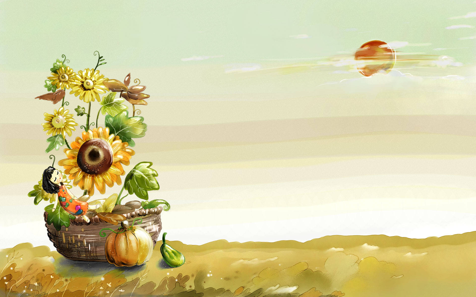 Cute Fall 桌布 壁紙 — 一幅夢幻水彩場景，描繪向日葵、南瓜和瓢蟲在籃子裡，背景是柔和日落天空。