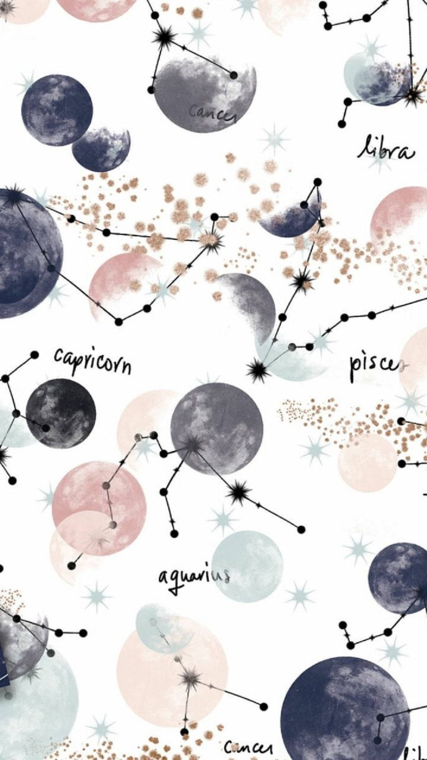 zodiac 桌布 壁紙 — 一幅夢幻水彩壁紙，以白色背景襯托，繪有粉彩月亮和標註星座名稱的星座圖案。
