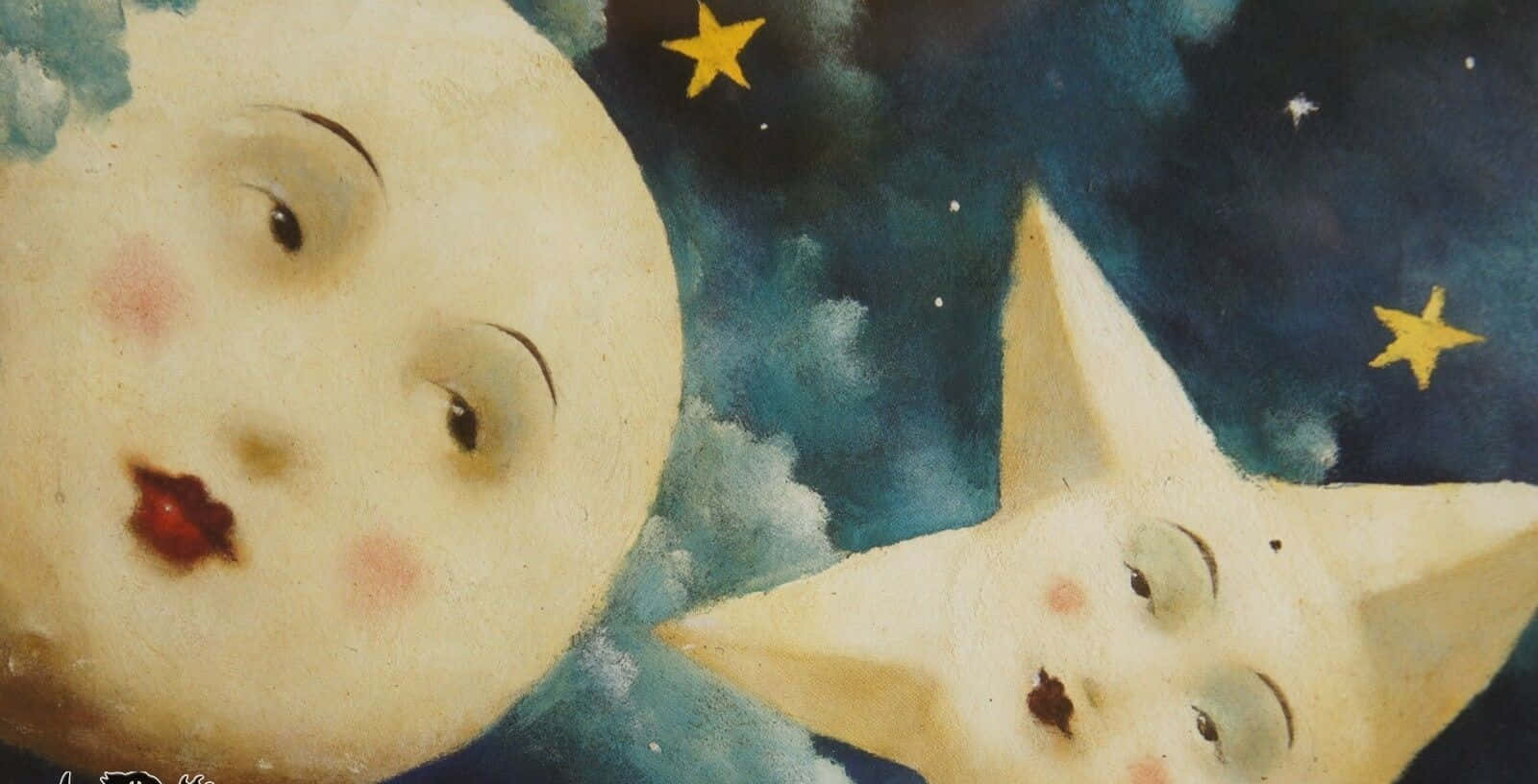 Moon Face 桌布 壁紙 — 一幅夢幻水彩插畫，描繪微笑的月亮和星星，帶有玫瑰色的臉頰和紅唇，背景是繁星點點的夜空。
