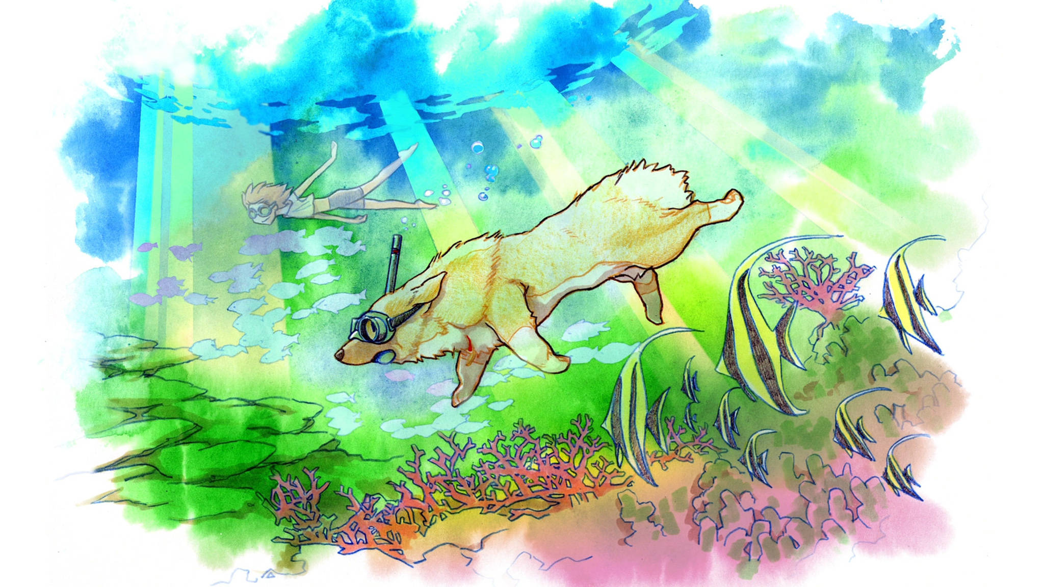 Dog Art 桌布 壁紙 — 一幅夢幻水彩畫，描繪一隻戴著潛水裝備的狗，與人類潛水員和色彩繽紛的魚群在珊瑚礁附近的水中暢游。