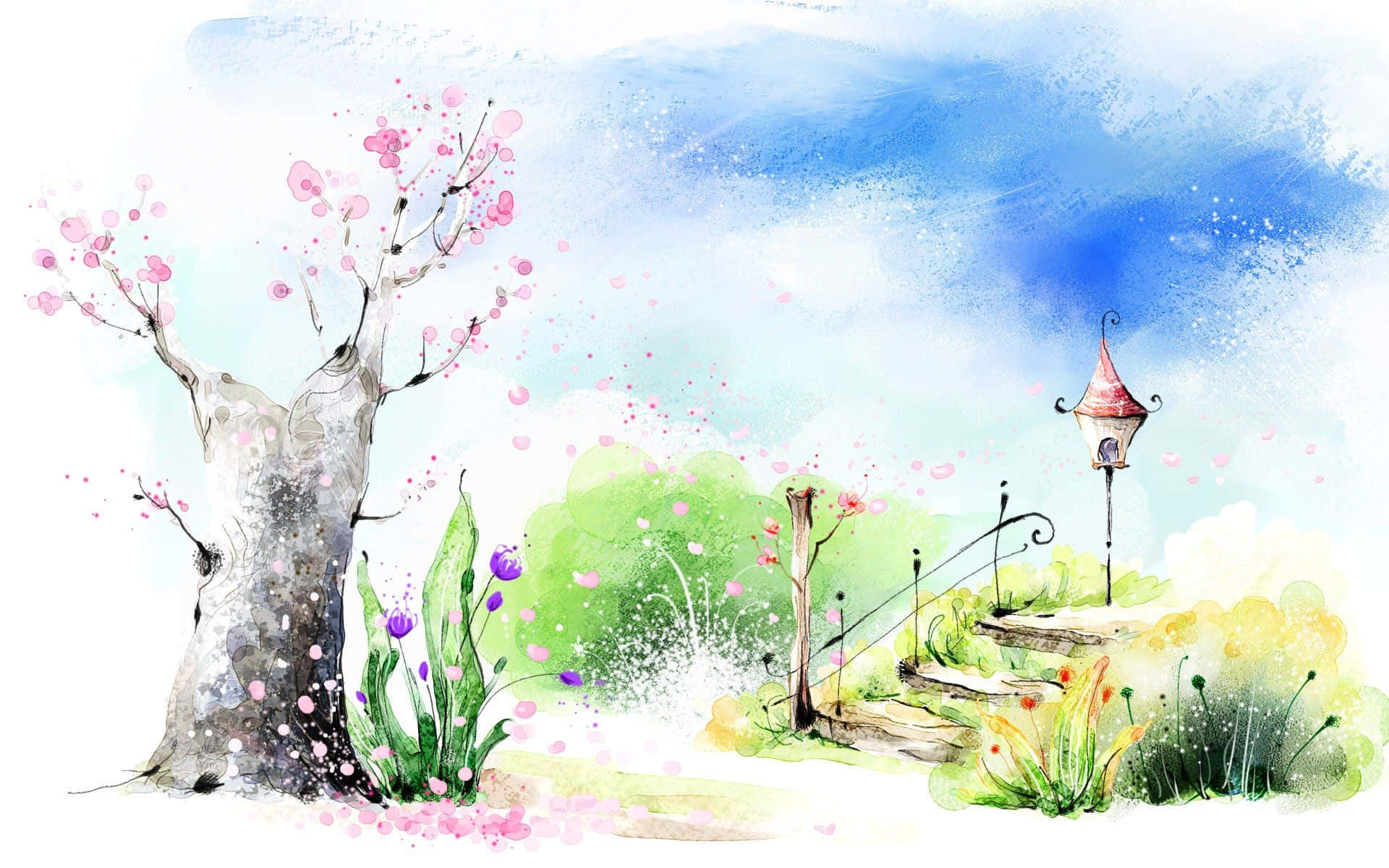 Drawing Desktop 桌布 壁紙 — 一幅夢幻水彩花園場景，有盛開的粉紅樹木、蜿蜒的石徑和迷人的鳥舍，在柔和的藍天下。