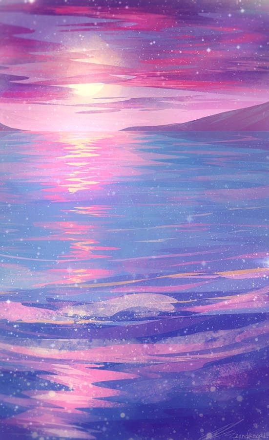 粉紅色 桌布 壁紙 — 一幅夢幻的數位繪畫，描繪星空粉紅和紫色日落映照在平靜的水面上，遠處有山丘。