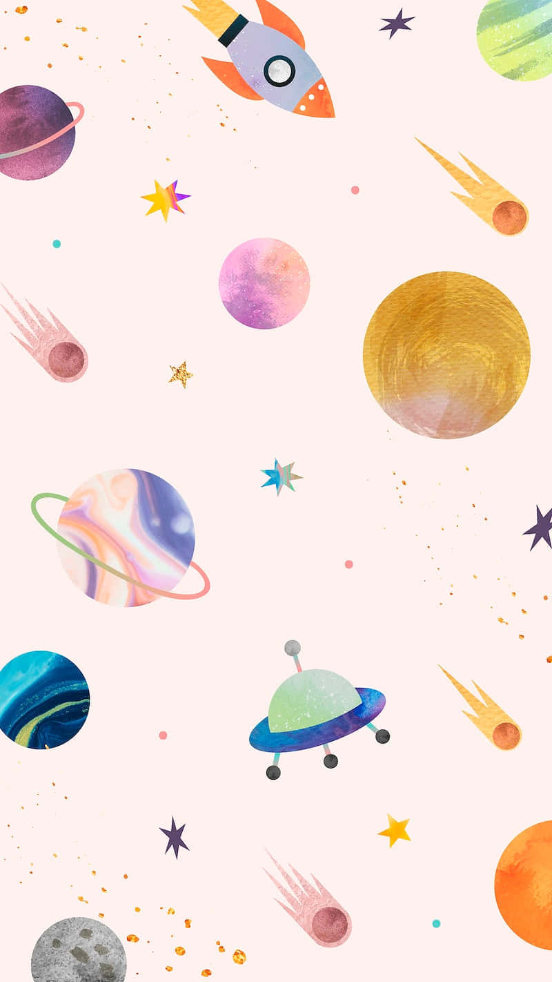 桌布 壁紙 — 一幅夢幻的水彩太空場景，色彩繽紛的行星、火箭和星星漂浮在柔和的粉紅色背景上。
