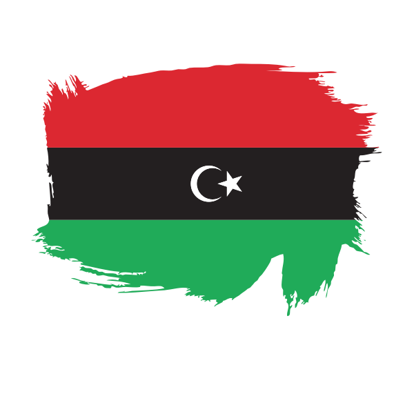 Libya 桌布 壁紙 — 一幅大膽的利比亞國旗，以帶有紋理的筆觸繪製在 stark 黑色背景上。