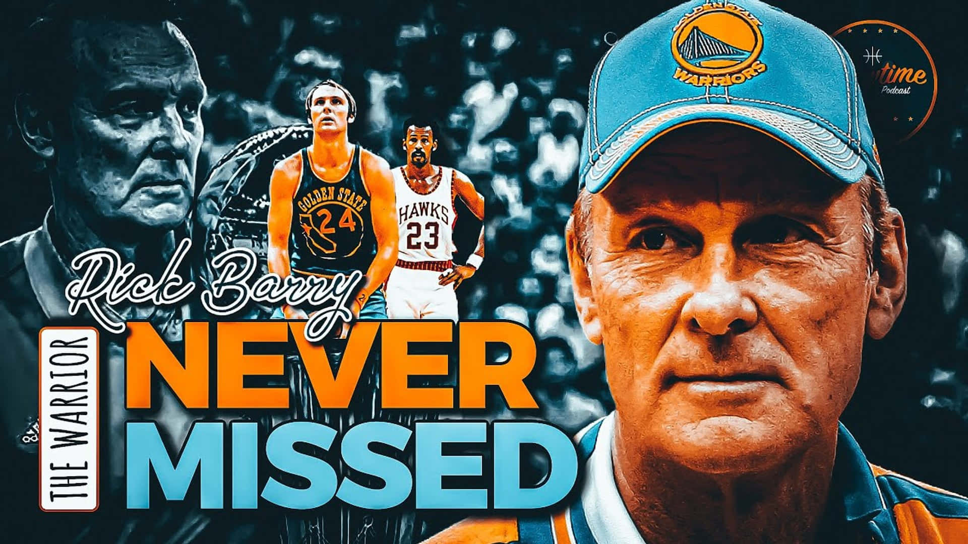金州勇士 桌布 壁紙 — 一幅大膽的圖像拼貼，向籃球傳奇人物 Rick Barry 致敬，包含他的肖像、比賽動作鏡頭，以及以鮮豔橙色和藍色文字呈現的「NEVER MISSED」字句。