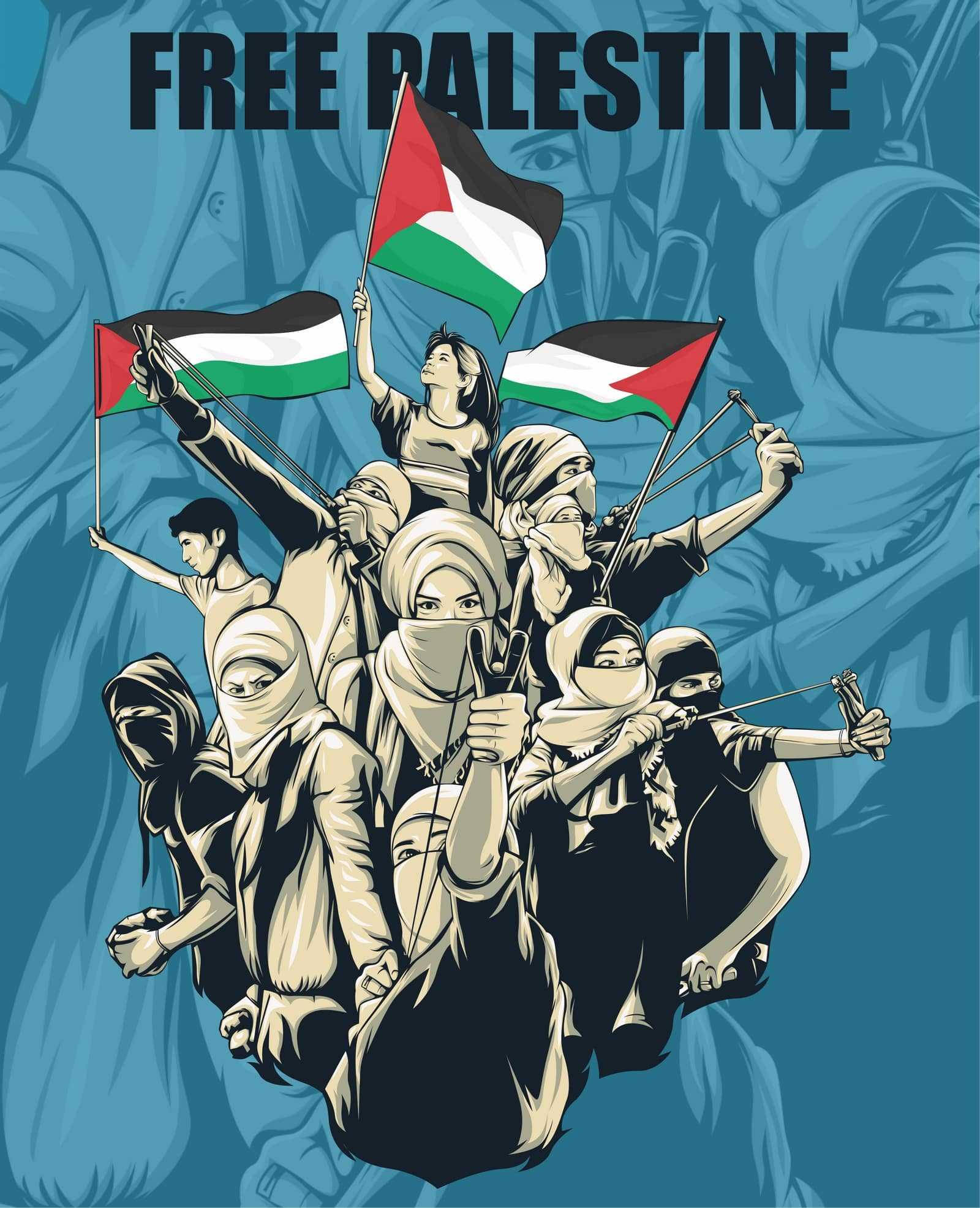 Palestine 桌布 壁紙 — 一幅大膽的圖形插圖，描繪抗議者在藍色背景上高舉巴勒斯坦旗幟和弓箭，並帶有文字「FREE PALESTINE」。
