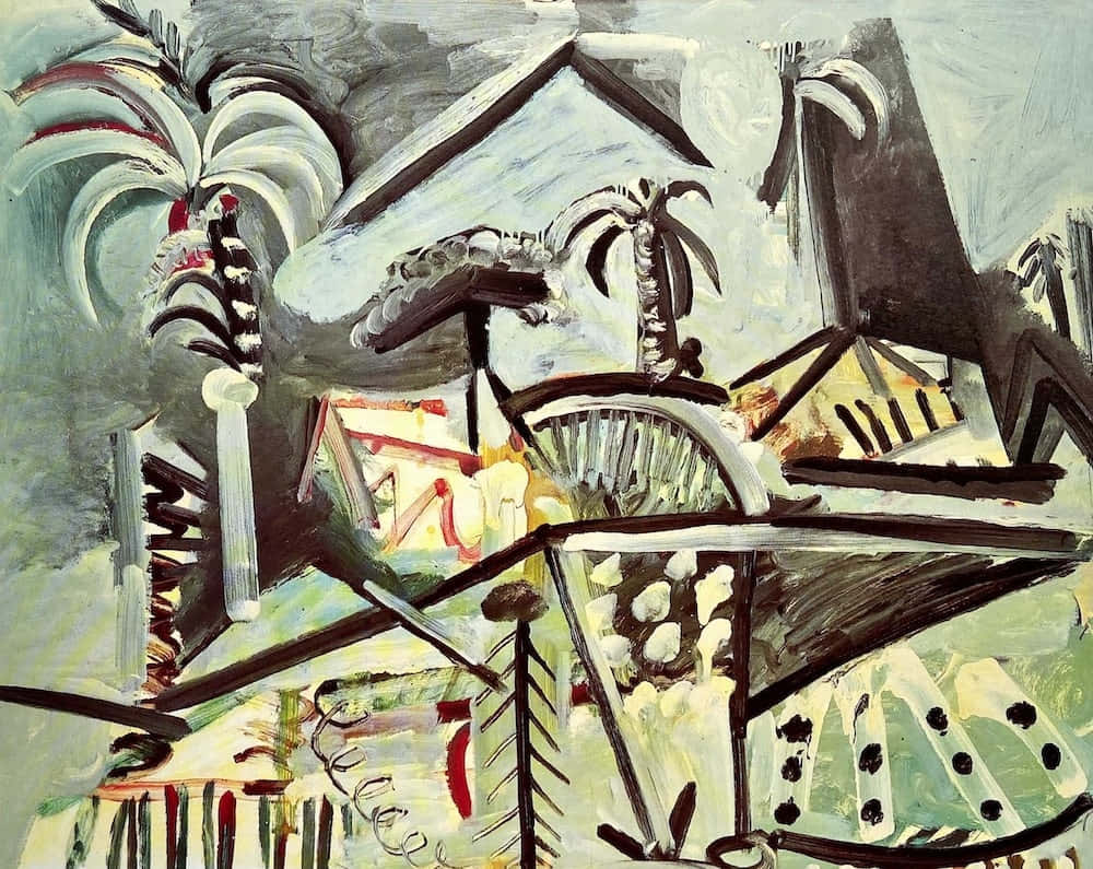 Picasso 桌布 壁紙 — 一幅大膽的抽象畫描繪了扭曲的熱帶場景，以粗黑線條和紋理筆觸呈現棕櫚樹、房屋和船隻。