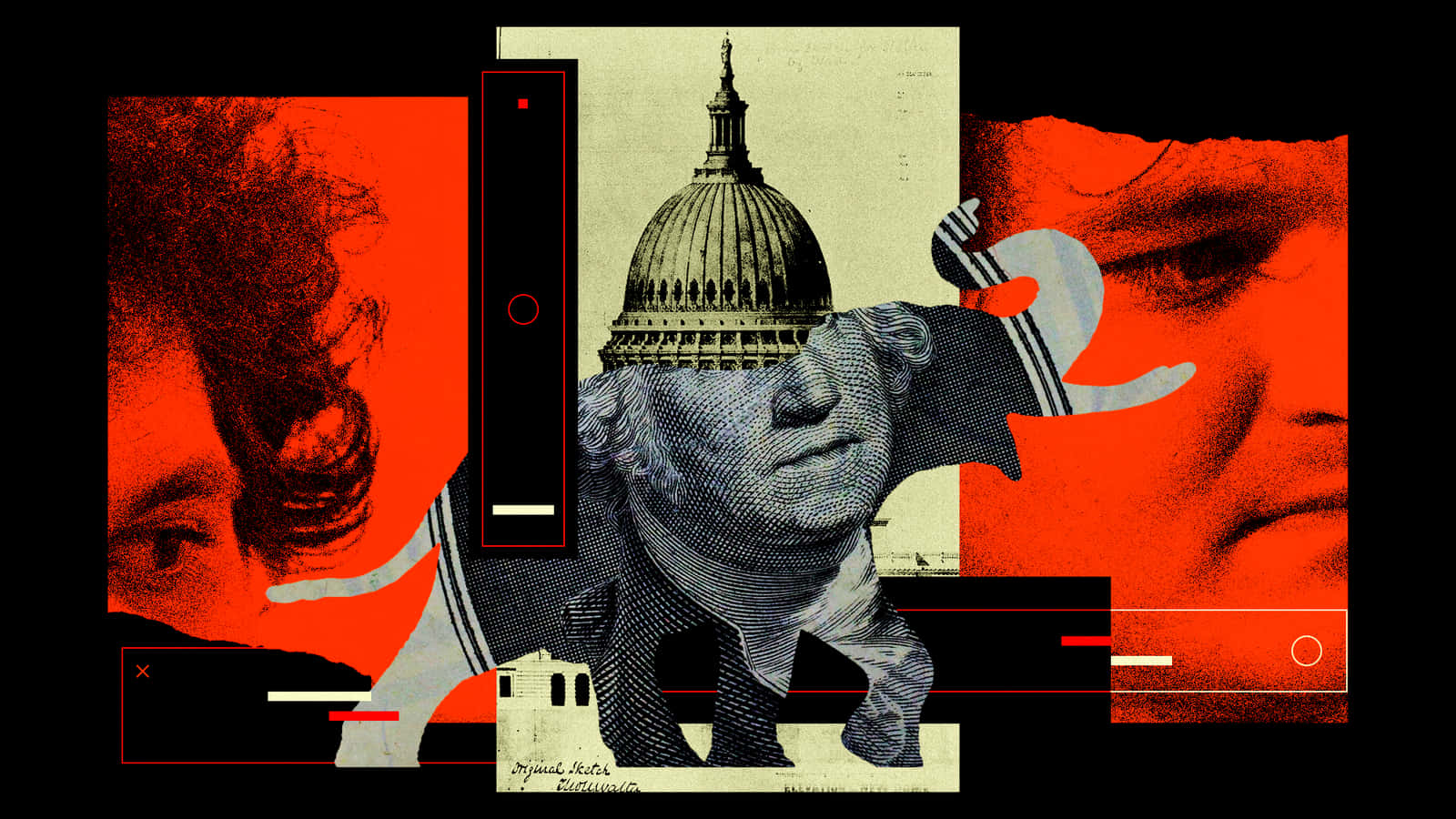 Republican 桌布 壁紙 — 一幅大膽的政治拼貼畫將國會大廈圓頂與印有金錢的大象結合，兩側是強烈的紅色面孔和幾何疊加。
