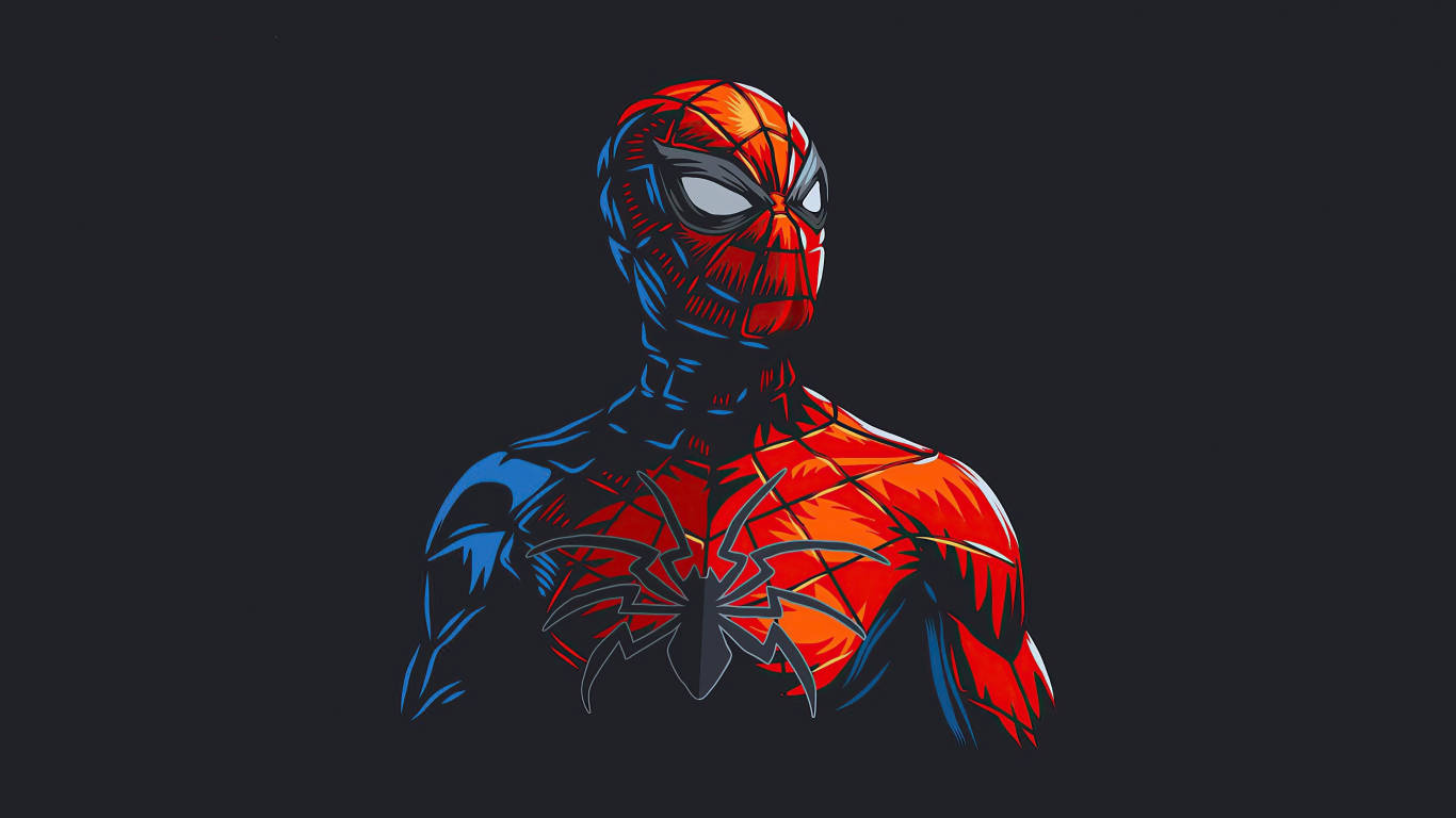 Spiderman 1366x768 桌布 壁紙 — 一幅大膽的數位藝術插圖，描繪蜘蛛人穿著其標誌性的紅藍戰衣，背景為深色。