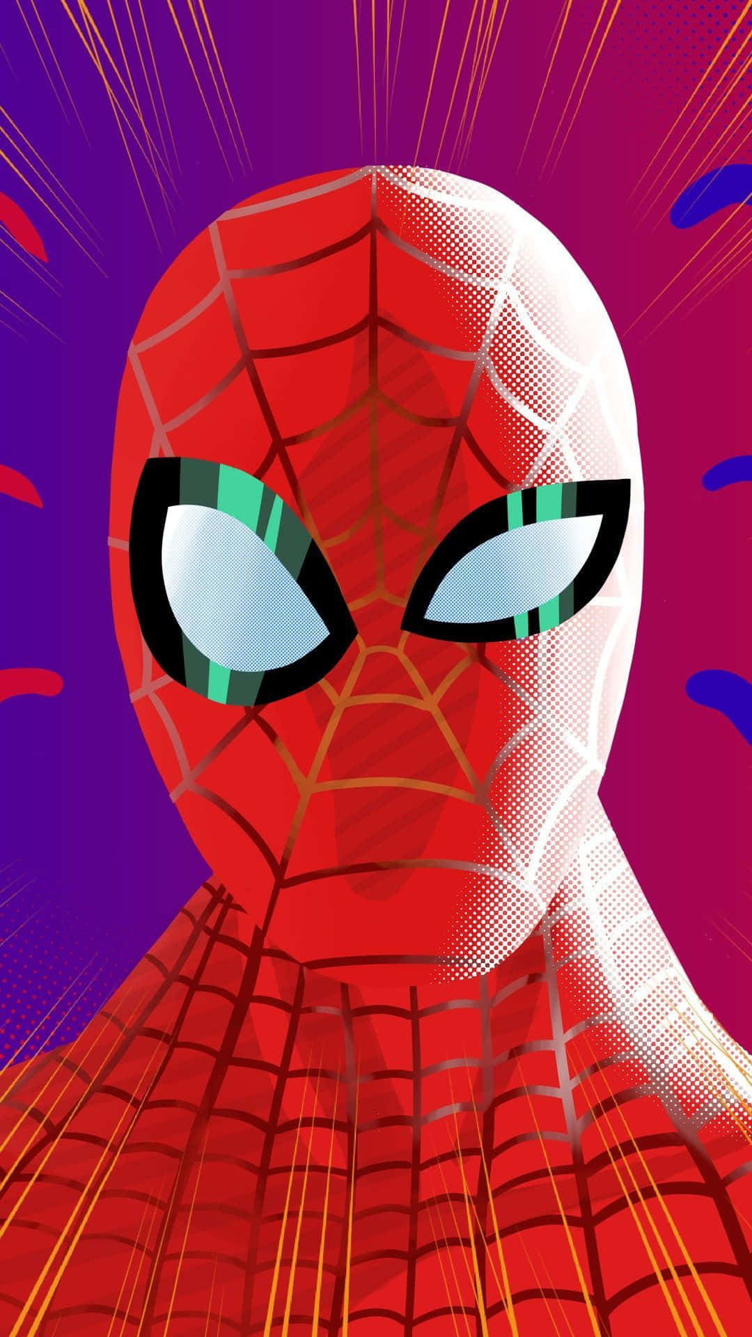 iPhone 桌布 壁紙 — 一幅大膽的數位藝術肖像，描繪蜘蛛人在充滿活力的紫色和洋紅色背景上，帶有動態條紋，雙眼發光。