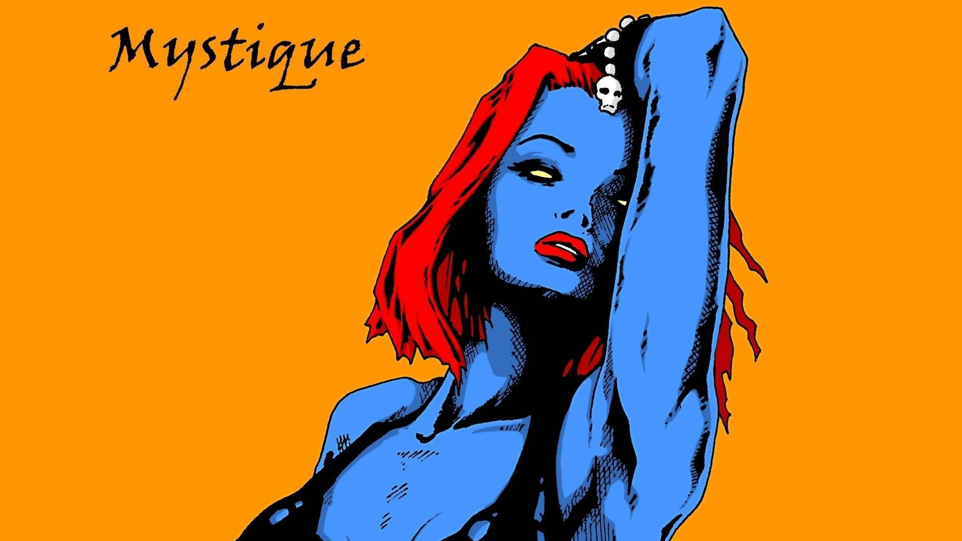 Mystique 桌布 壁紙 — 一幅大膽的漫畫插圖，描繪了擁有藍色皮膚、紅色頭髮和骷髏珠飾的魔形女，背景是充滿活力的橙色。