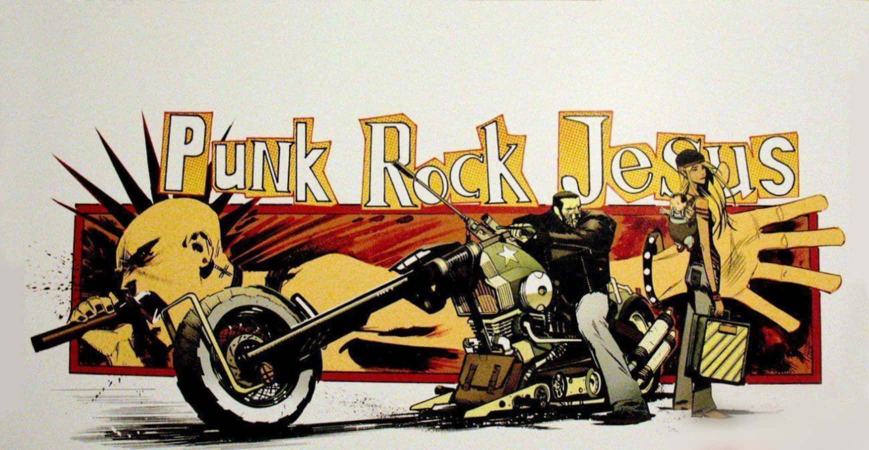龐克搖滾歌手騎摩托車，女子站在旁邊，上方有「Punk Rock Jesus」字樣。 — 塗鴉 GIF 壁紙