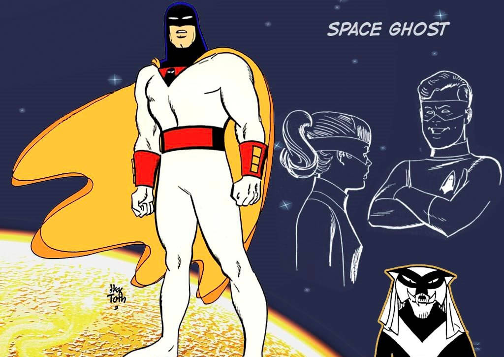 Space Ghost 桌布 壁紙 — 一幅大膽的漫畫風格插圖，描繪太空幽靈英雄般地站在發光的星球上，背景是星空，角色輪廓帶有草圖感。