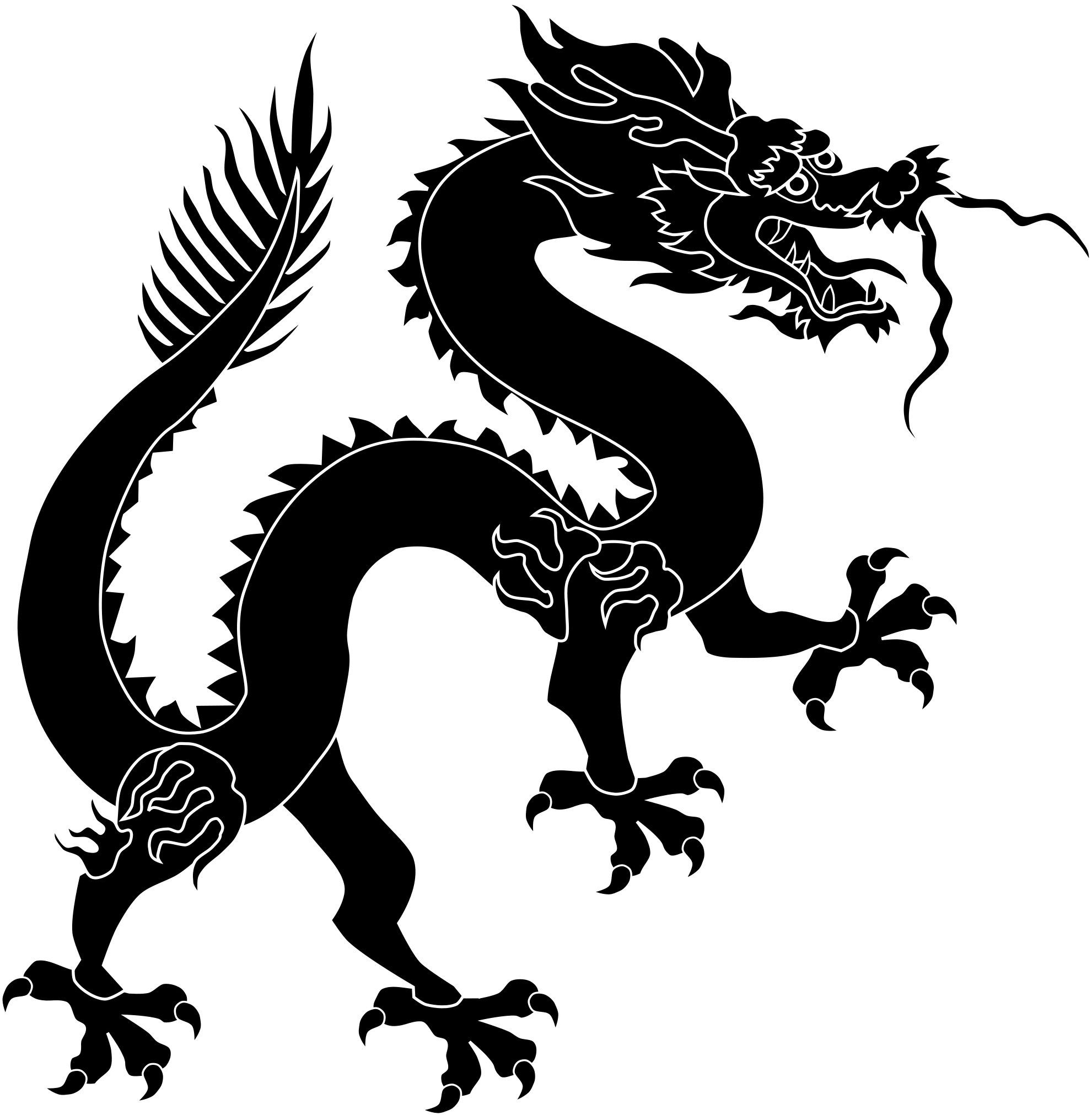 中國龍 桌布 壁紙 — 一幅大膽的白色線條畫，描繪傳統中國龍在純黑背景上動態盤繞。