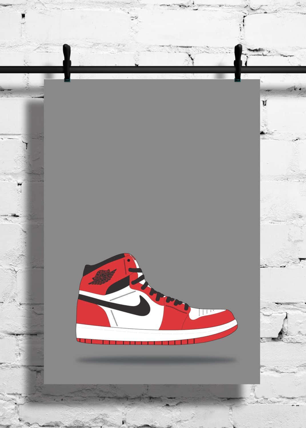 邁克爾·喬丹 桌布 壁紙 — 一幅大膽的紅白 Air Jordan 1 運動鞋插圖掛在灰色海報上，背景是白色磚牆。