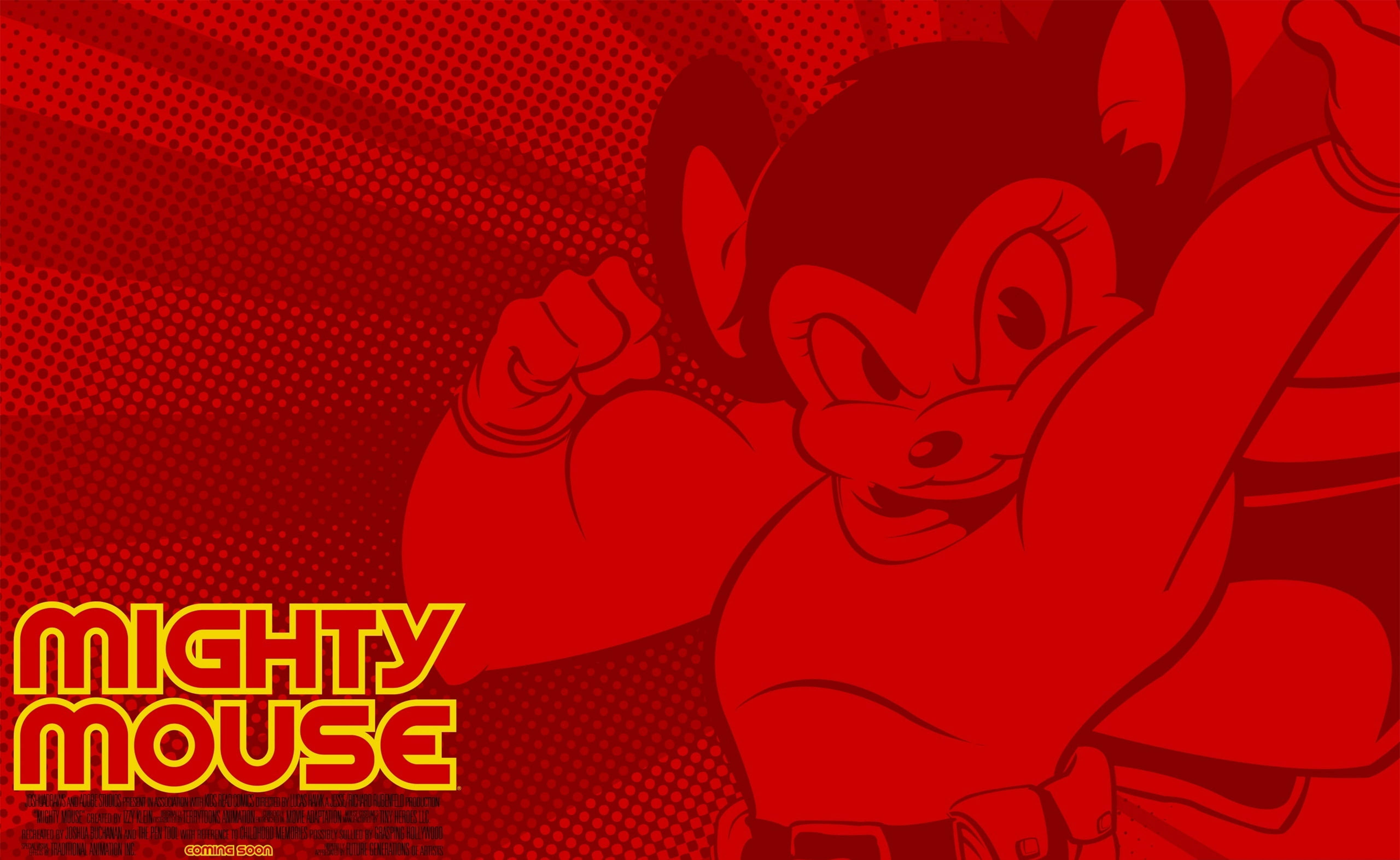 Mighty 桌布 壁紙 — 一幅大膽的紅色漫畫風格插圖，描繪 Mighty Mouse 在網點背景前展現肌肉，帶著堅定的笑容。